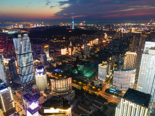Naklejka premium Aerial photography of Qingdao city coastline architectural landscape night view