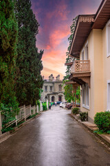 Fototapeta na wymiar Old balcony, Italian street, Livadia, Crimea, cozy street.