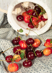 Cherry with leaves in closeup
