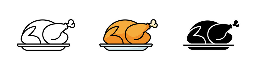 Simple icons of baked bird on platter. Outline, colorful and glyph vector illustration © OWLISKO DESIGN