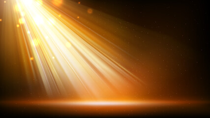 Gold spotlight background. Illuminated golden stage. Background for displaying products. Bright beams of spotlights, shimmering glittering particles, a spot of light. Vector illustration - obrazy, fototapety, plakaty