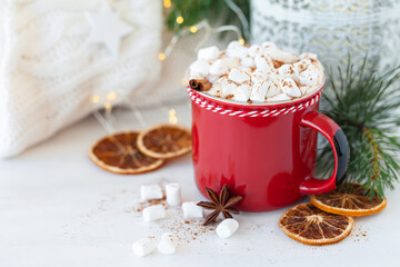 Hot winter drink: delicious warm chocolate with marshmallow and cinnamon. Holiday atmosphere, festive mood, fir tree branches as decor. White background, christmas lights, close up