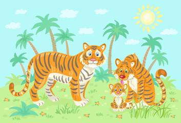 Naklejka premium Happy family of tigers in nature. Two adult tigers with a cub in a clearing with palms, bushes, grass and flowers. In cartoon style. Vector flat illustration.
