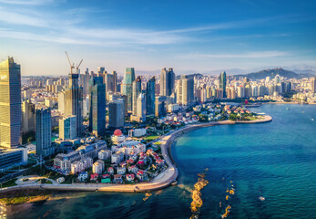 Fototapeta premium Aerial photography of Qingdao city coastline scenery