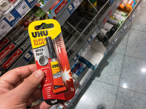 BELGRADE, SERBIA - MAY 29, 2021: UHU logo on a tube of super glue for sale in belgrade. UHU is a german manufacturer and retailer of adhesives, known for its glu and superglues...