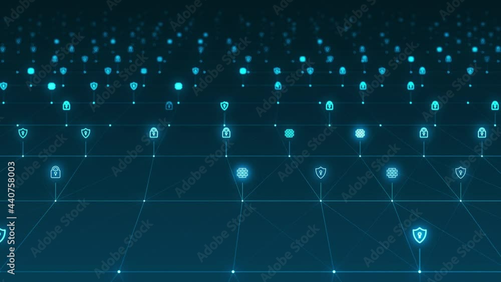 Poster motion graphic of blue futuristic security icon and line linked network connection technology abstra