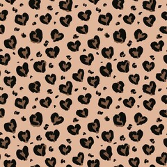 Seamless animalistic pattern. Leopard with abstract hearts. Design for paper, textiles and decor. Vector illustration.