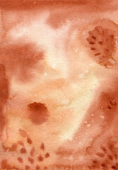 Fototapeta premium Abstract watercolor background. Hand drawn illistration in warm colors of terracotta. Perfect for wall arts, invitations, social media templates. Wet watercolor effect in boho style.