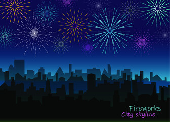 Evening landscape with bright fireworks. Night city skyline with salute. Festive firecrackers over town silhouette background. Holiday cityscape vector illustration.