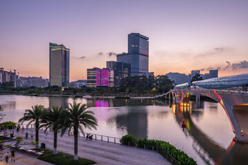 Fototapeta premium Architectural scenery on the bank of the Jiaomen River in Nansha District, Guangzhou