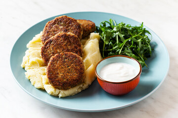 vegan lentil cutlets without meat with potatoes and salad. healthy eating