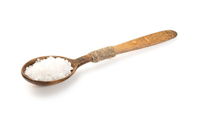 Wooden spoon with salt over white background