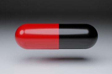 3D Red and White Capsule Pills Isolated on Black Background