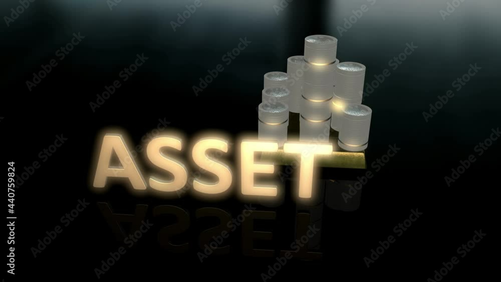 Poster glowing asset text with background house made up of coin made up of gold and silver with dark backgr