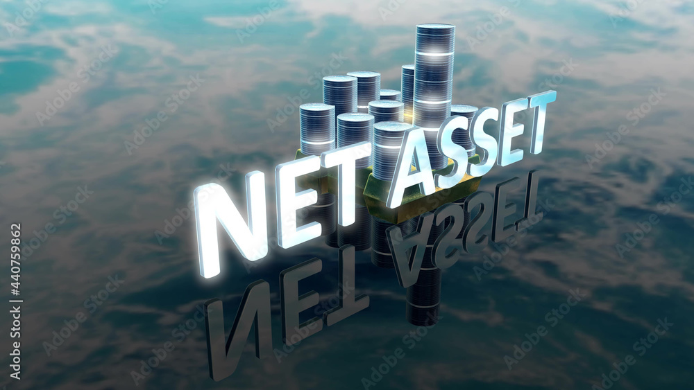 Poster glowing net asset text with background house made up of coin made up of gold and silver