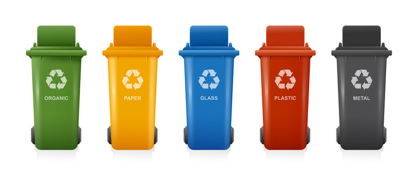 yellow, green, blue, Black and red recycle bins with recycle symbol isolated on white background