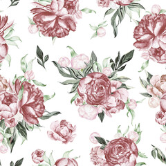 Watercolor dusty pink floral seamless pattern for fabric. Watercolor peonies pattern repeat floral background for apparel, wallpaper, wrapping paper, home decor - 440760261