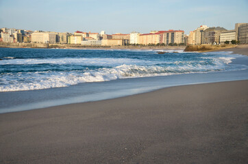 In the foreground Riazor beach and in the background Orzan beach. A Coruna, Galicia, Spain