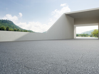 Abstract architecture design of modern building. Empty parking area floor and concrete wall with mountain and blue sky lake view. 3D rendering background for car scene.