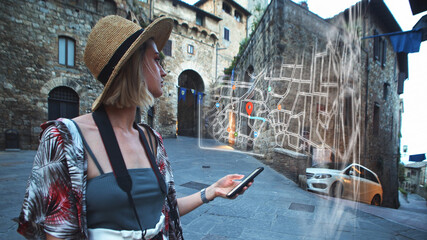 Obraz na płótnie Canvas Young attractive beautiful lady using smartphone traveling across old city with map app online. Internet communication, shopping worldwide. Successful businesswoman lifestyle.