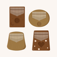 Set of kalimba. Mbira or thumb piano. African traditional musical instrument. African folk wooden mbira. Flat cartoon vector illustration. Isolated on white background. 