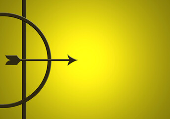 Fondo para escribir texto. Arco, flecha sobre fondo amarillo iluminado. - obrazy, fototapety, plakaty