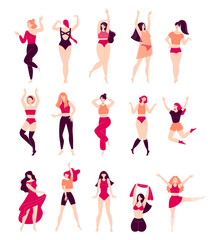 Set of dancing happy young women. Disco, sports activity, fitness, movement. Love to yourself and your body. Illustration in flat style isolated on white background
