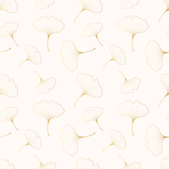 Golden seamless pattern with ginkgo biloba leaves. Vector isolated background with fallen leaf outlines. Gold texture for textile or wrapping paper.