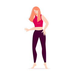 Dancing happy young woman. Disco, sports activity, fitness, movement. Love to yourself and your body. Illustration in flat style isolated on white background