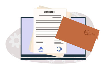 Electronic contract with a smart, digital, signature. Concept for approving and signing an online agreement or partnership deal with secure transactions. Verified certificate in the workplace. Vector