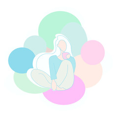 vector woman with a cup in her hands. flat image of the contour of a woman in the lotus position. cup of coffee in hands. long hair