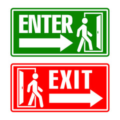 Man enters and exits the room through the door. Horizontal Entry and exit sign with arrow. Vector - obrazy, fototapety, plakaty