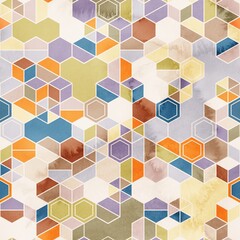 Seamless pattern of hexagons in random colors in watercolor. High quality illustration. Tile mosaic arrangement of triangles, trapezoids, and hexagons, in honeycomb arrangement. Design for print.