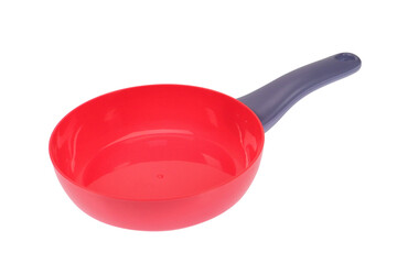 Red empty frying pan with a gray handle, on a white background, isolated image