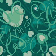 Valentines seamless pattern with hearts on green background