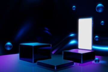 Abstract Gradient blue-purple stage background image , Shopping online on popular mobile applications around the world. 3D rendering.