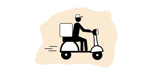 Fast delivery, man on motorcycle badge. Pictogram flat design for apps and websites, for your advertising template. Isolated on a trendy liquid background.