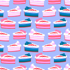 Sweets seamless pattern piece of cake with raspberry cream and blueberry topping on blue background