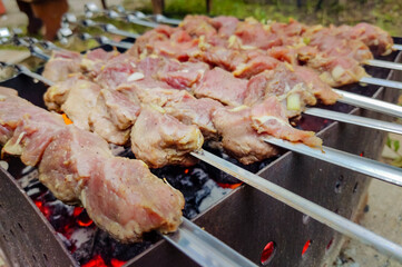juicy raw and ready-made fried kebabs meat veal pork beef in nature quarantine