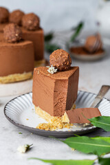Cold chocolate cheesecake with truffle and cocoa powder