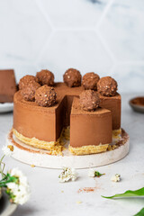 Cold chocolate cheesecake with truffle and cocoa powder