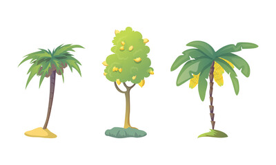 Fruit Tree with Ripe Lemon and Bunch of Banana Vector Set