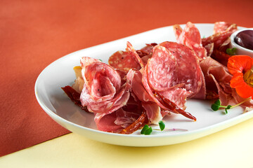 Appetizer - antipasti meat plate with salami, jamon and olives on bright colored backgrounds