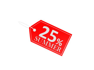 Red price tag with twenty five percent summer discount over white. 3d illustration 