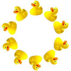 Rubber ducks isolated on white background in the form of a round frame. Toy animal. Template for design and print