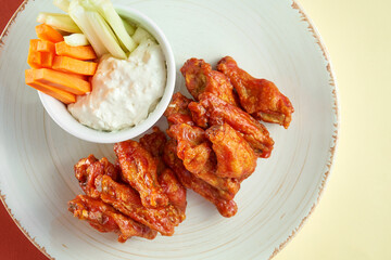 Wings in barbecue sauce with white sauce and carrots, cucumber in a white plate on colored backgrounds. Fingerаood and Pub