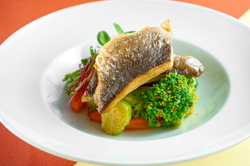 Fried sea bass fillet with steamed vegetables for garnish in a white plate on colored backgrounds.