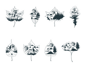 Big collection of mystical maple, oak, elm, aspen, hop and ginkgo biloba leaves. Celestial leaf with mountain, clouds, moon and forest. Magical tattoos concept.