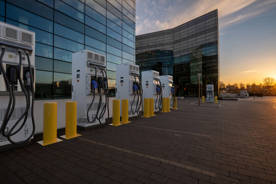 efacec fast charging stations next to a modern office building
