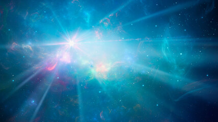 Space background. Colorful nebula in blue color with stars and light trails. Digital painting